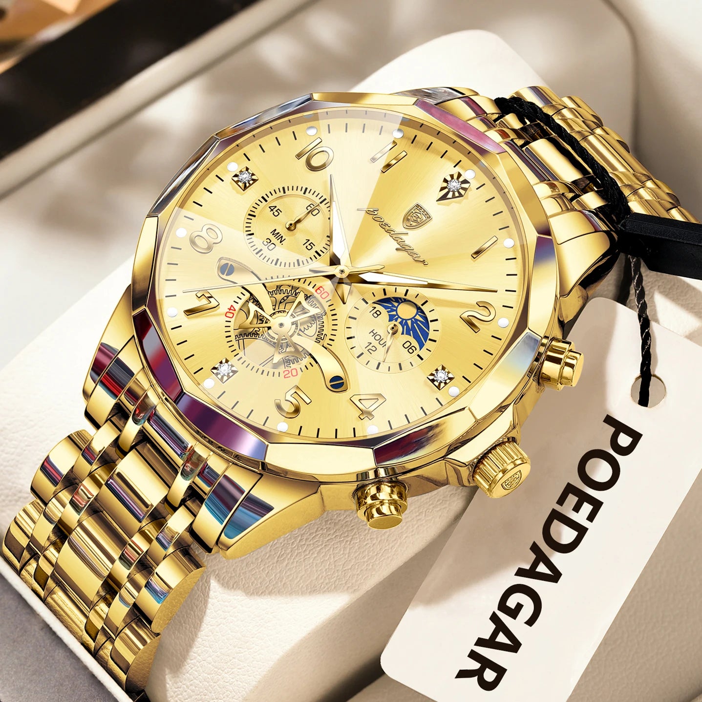 Seashell POEDAGAR Luxury High Quality Man Wristwatch Chronograph Stainless Steel Quartz Men's Watches Waterproof Luminous Men Clock Reloj