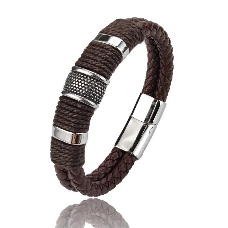 White Smoke Luxury Vintage Multilayer Brown Leather Stainless Steel  Men Bracelet Bead Bracelet Jewelry Male Wrist Bangle Christmas Gifts