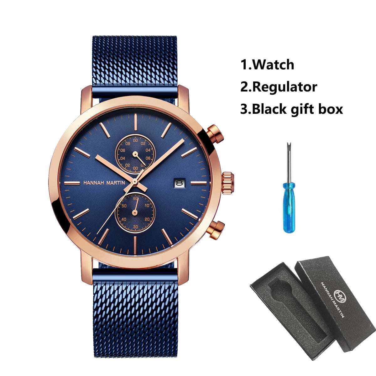 White Smoke HANNAH MARTIN Brand Top Men Watch Black Stainless Steel Fashion Waterproof Sports Multifunctional Quartz Watch Relogio Masculino