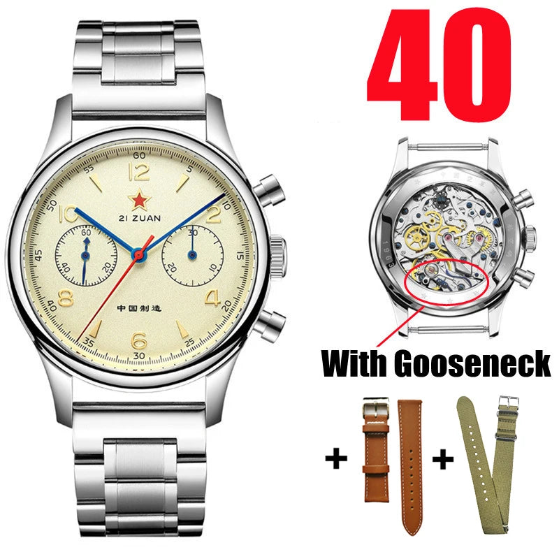 White Smoke RED STAR 38mm Men's 1963 Chronograph Mechanical Watch Pilot with Seagull Movement ST1901 Air Force Aviation Sapphire Goose 40mm