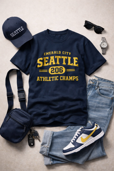 Navy t-shirt with 'Emerald City Seattle 206 Athletic Champs' text, blue jeans, navy cap, sunglasses, and sneakers on a neutral background.