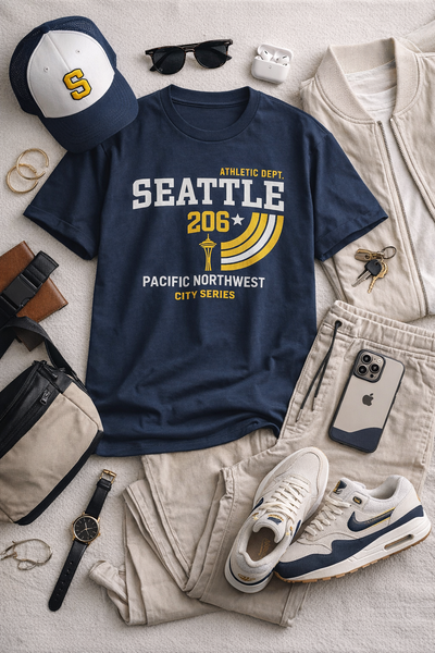 Navy t-shirt with 'Seattle 206' design, cap, sunglasses, and casual clothing on a light background