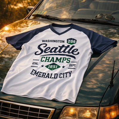 White and navy t-shirt with 'Seattle Champs' text on a car hood