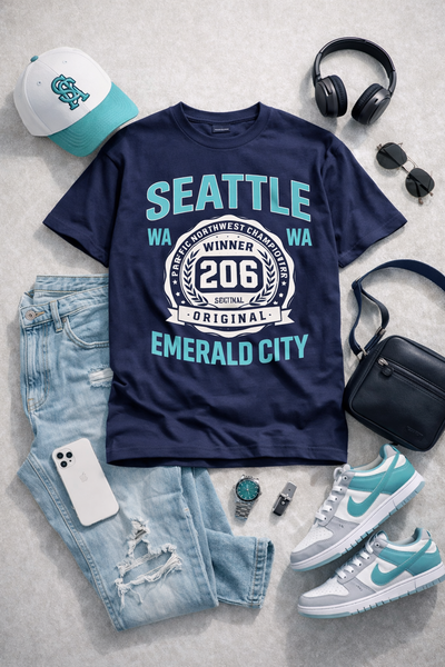 Navy blue t-shirt with 'Seattle' text, jeans, sneakers, and accessories on a light gray surface