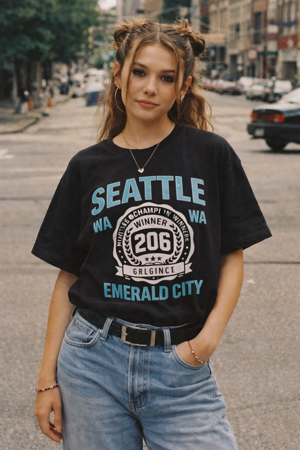 Woman wearing a black t-shirt with 'Seattle' text and graphics on a city street.