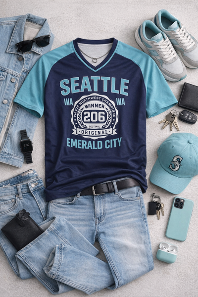 Seattle Emerald City Winner 206 Navy Blue and Light Blue T-Shirt – Pacific Northwest Streetwear Tee