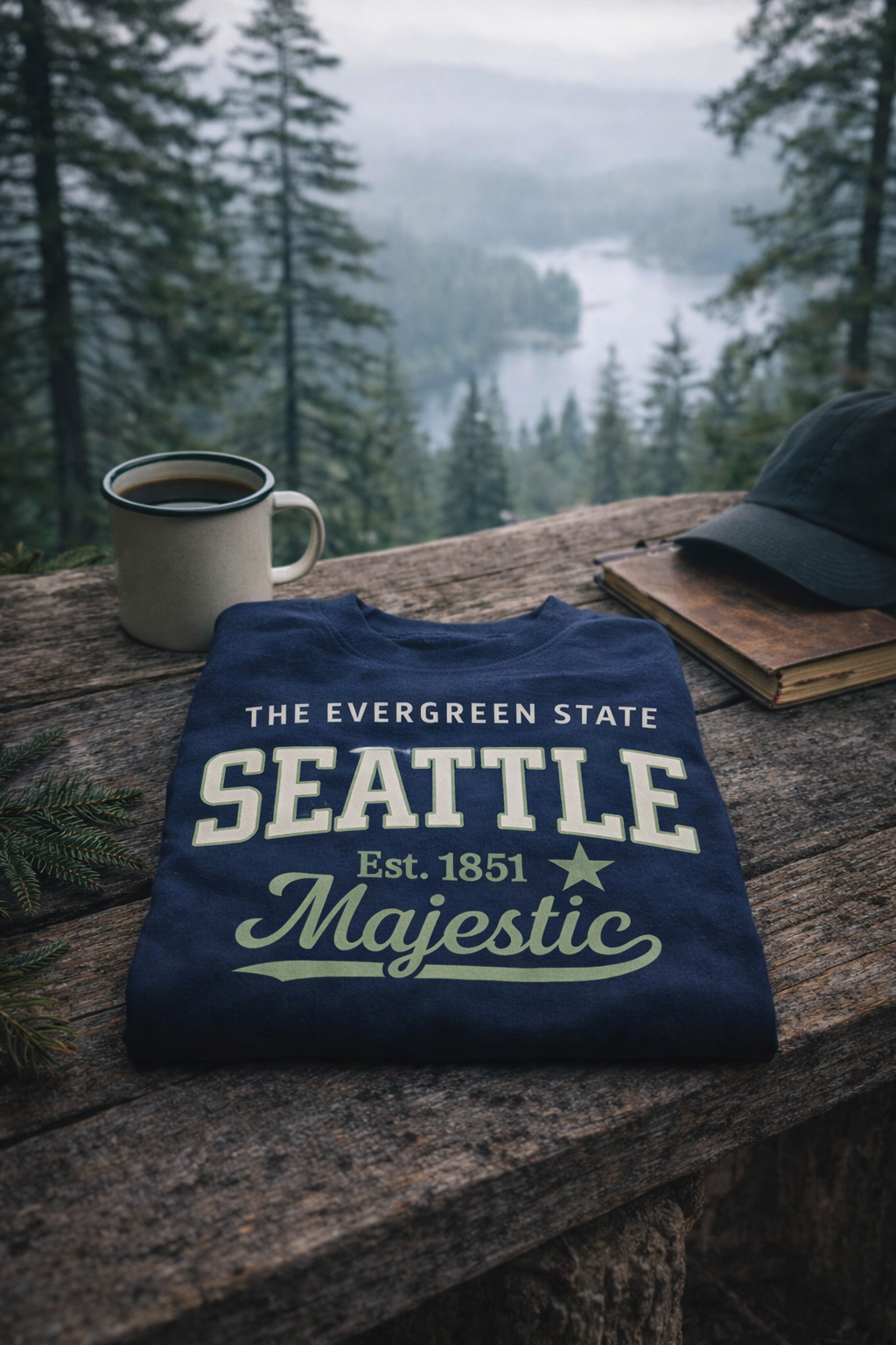 Navy blue sweatshirt with 'Seattle' text on a wooden surface with a scenic background