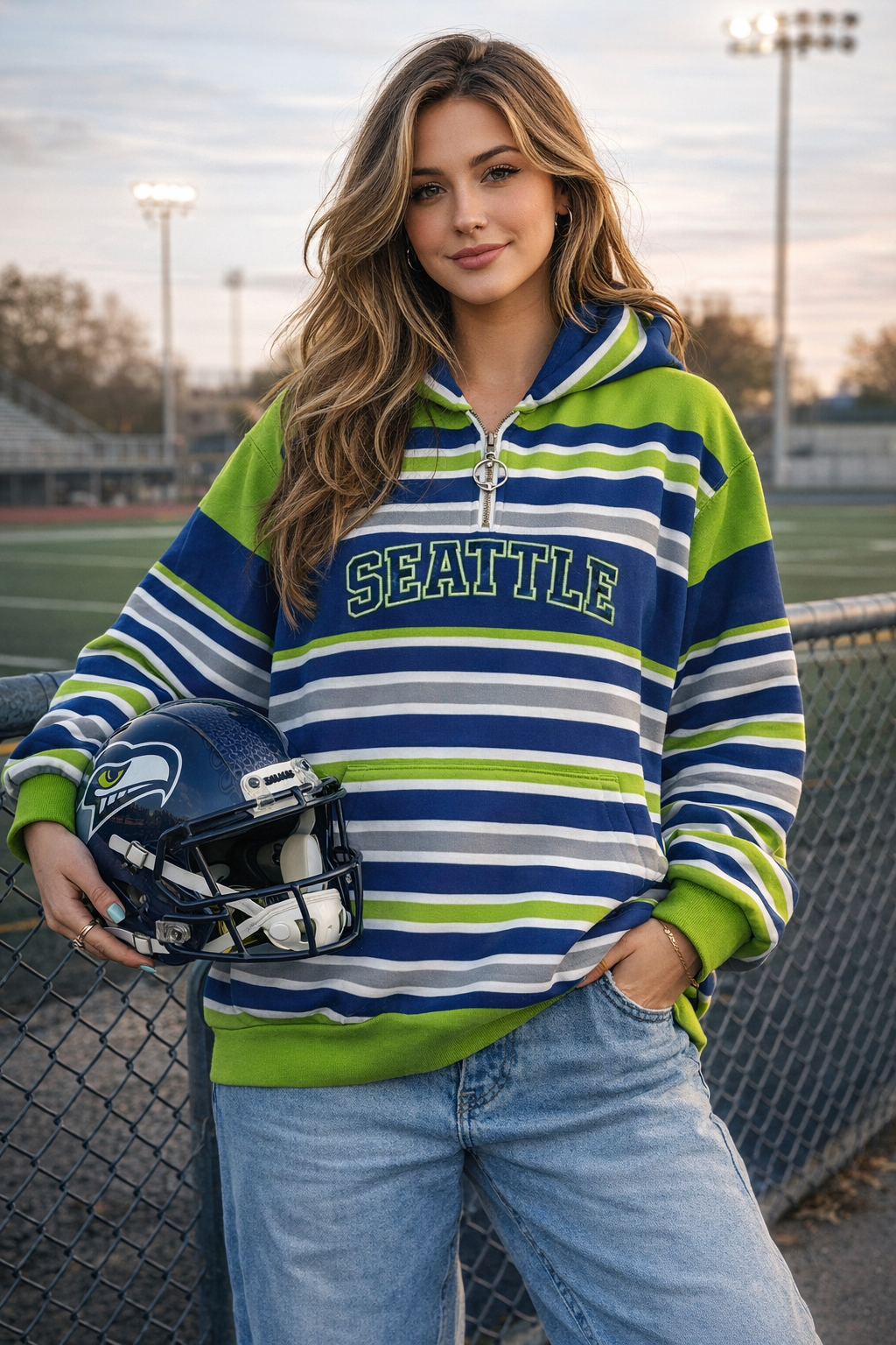 Person wearing a striped hoodie with 'Seattle' text, holding a helmet on a sports field.
