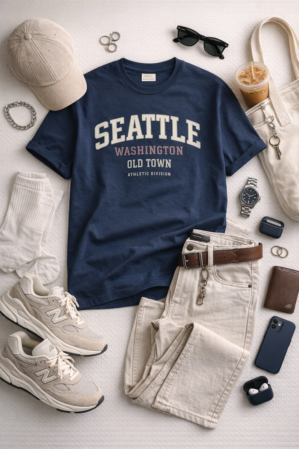 Navy blue t-shirt with 'Seattle Washington Old Town' text, paired with light-colored pants, sneakers, and accessories on a white surface.