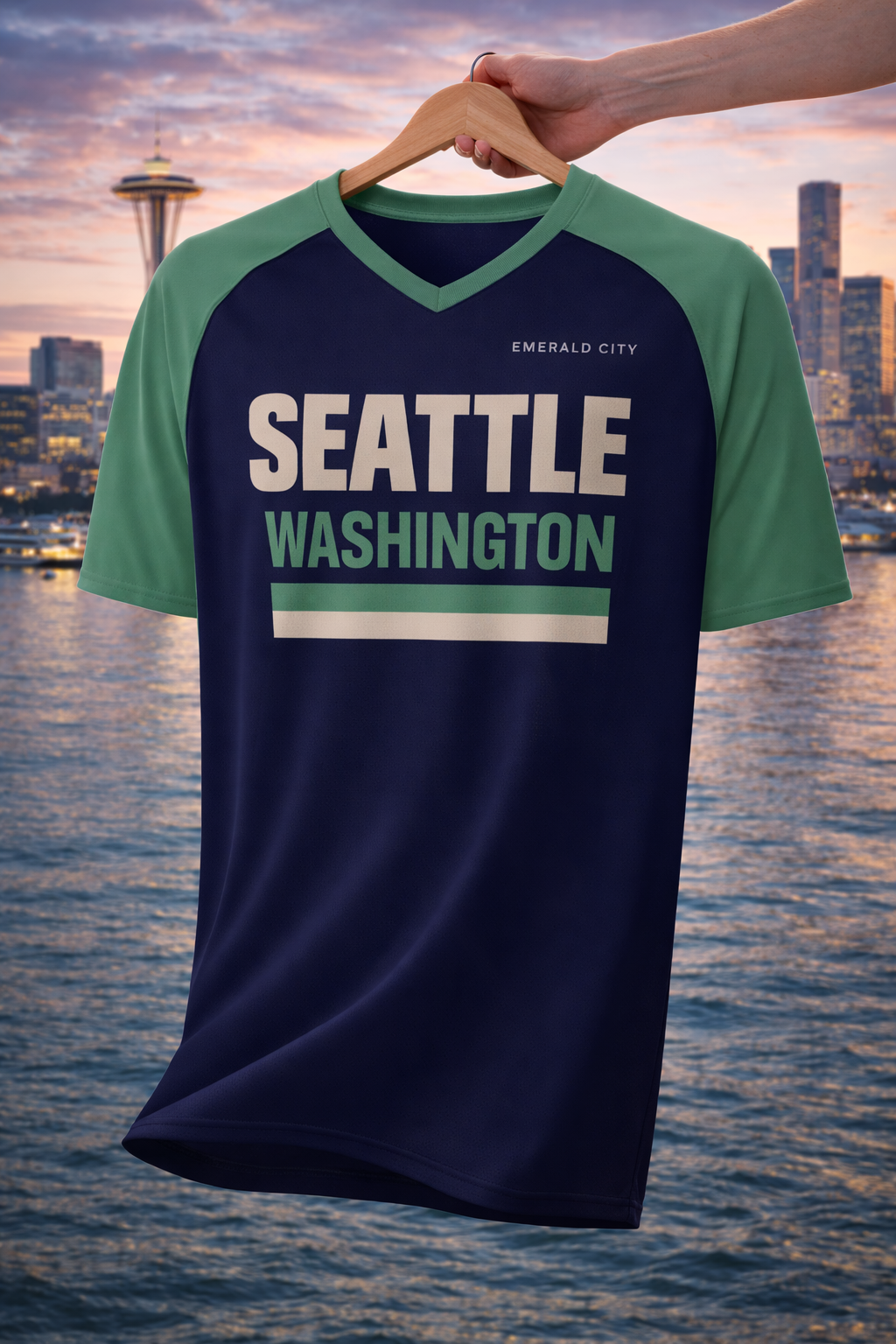 Navy and green t-shirt with 'Seattle Washington' text held up against a city skyline.