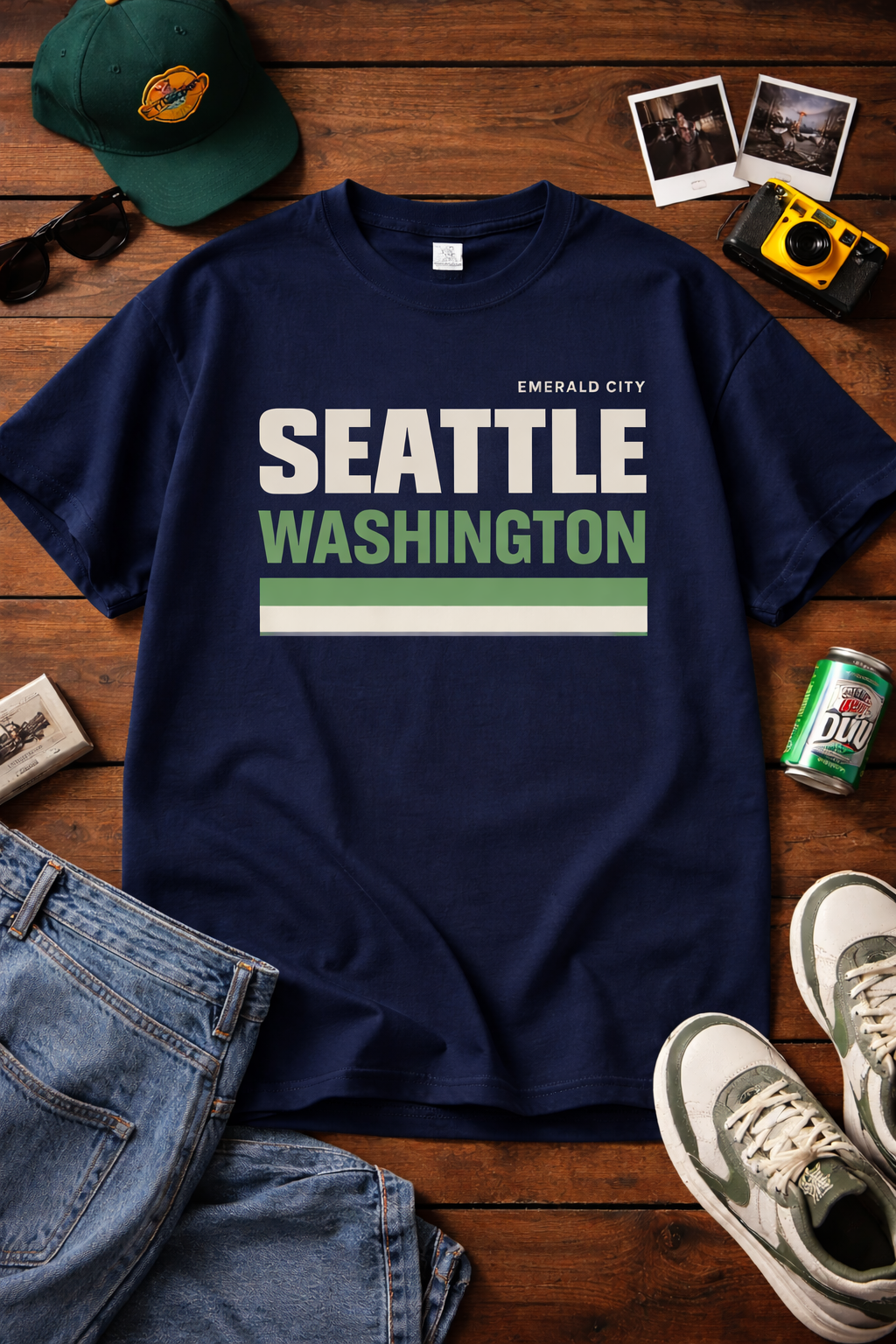 Navy blue t-shirt with 'Seattle Washington' text on a wooden surface with casual items.
