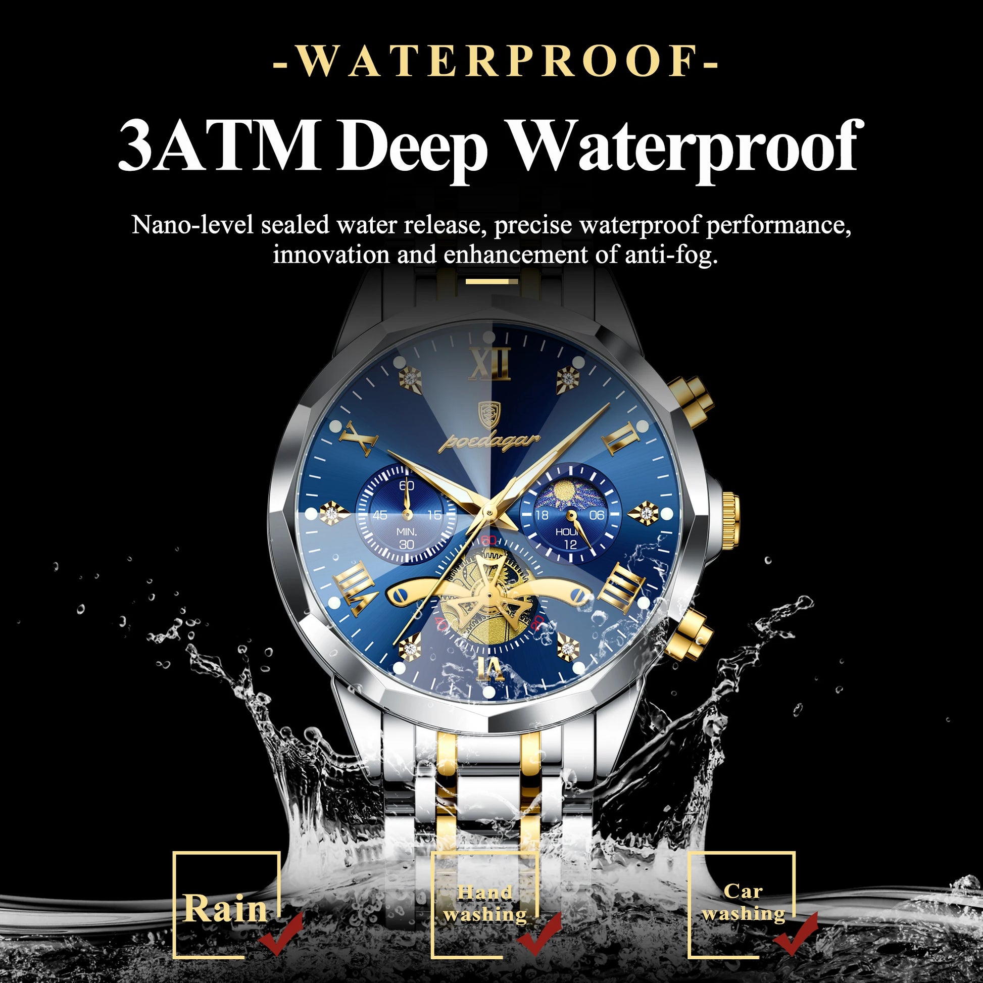 Black POEDAGAR Luxury Men Watch Top Original Waterproof Luminous Chronograph Man Wristwatch Stainless Steel Quartz Men's Watches Reloj