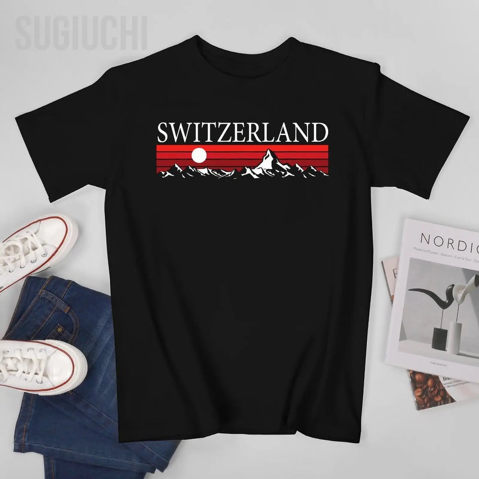 Unisex Men Swiss Alps And Red Sunset Switzerland Mountains Tshirt Tees O-neck T Shirts Women Boys 100% Cotton T-Shirt streetwear fashion product image 2
