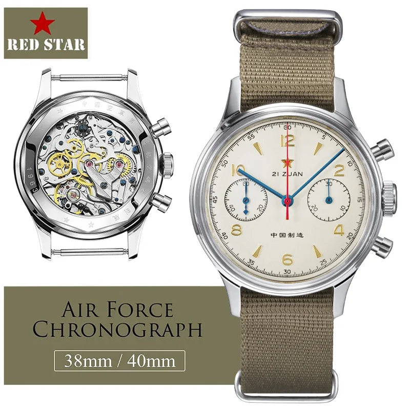 White Smoke RED STAR 38mm Men's 1963 Chronograph Mechanical Watch Pilot with Seagull Movement ST1901 Air Force Aviation Sapphire Goose 40mm