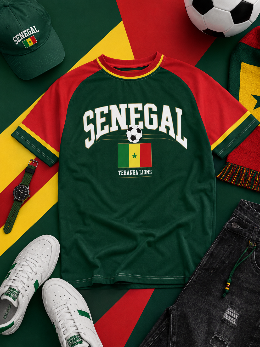 Green 'Senegal' t-shirt with flag design on a colorful background