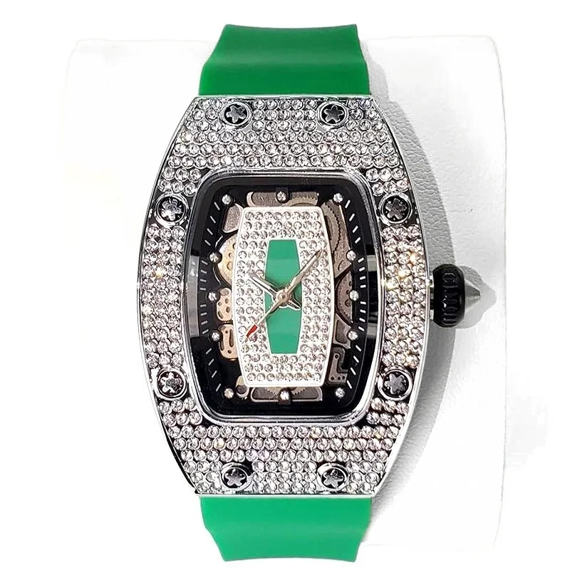 White Smoke 2025 Hot Selling Green Watch For Women Fashion Tonneau Quartz Clock Ladies Elegant Iced Diamond Jewelry Wrist Watch Girl Gift