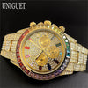 Black Hot Fashion Green Watches Men Brand UNIGUET Luxury Stainless Steel Hip Hop Rainbow Diamond Quartz Wristwatch Male Dropshipping
