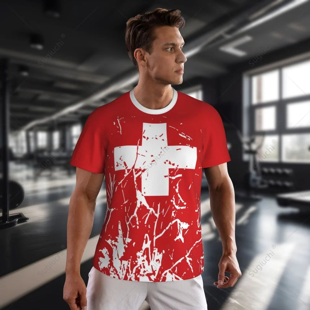 Exclusive design Switzerland Flag Grain 3D Printed Men For Running Bike Soccer Tennis Fitness Sports tshirt Mesh Short T-shirt