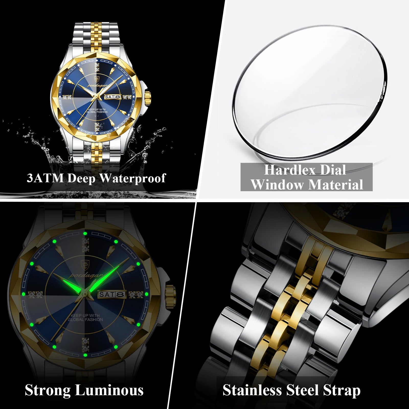 Black POEDAGAR Luxury Fashion Man Clock Top Business Waterproof Luminous Date Week Men's Watches Quartz Stainless Steel Men Wristwatch