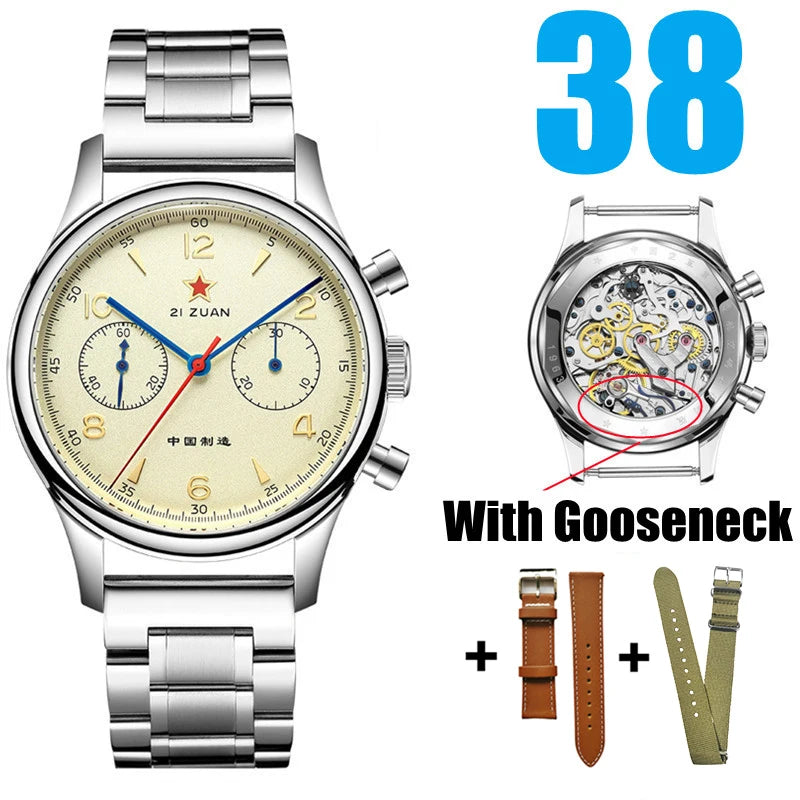 White Smoke RED STAR 38mm Men's 1963 Chronograph Mechanical Watch Pilot with Seagull Movement ST1901 Air Force Aviation Sapphire Goose 40mm
