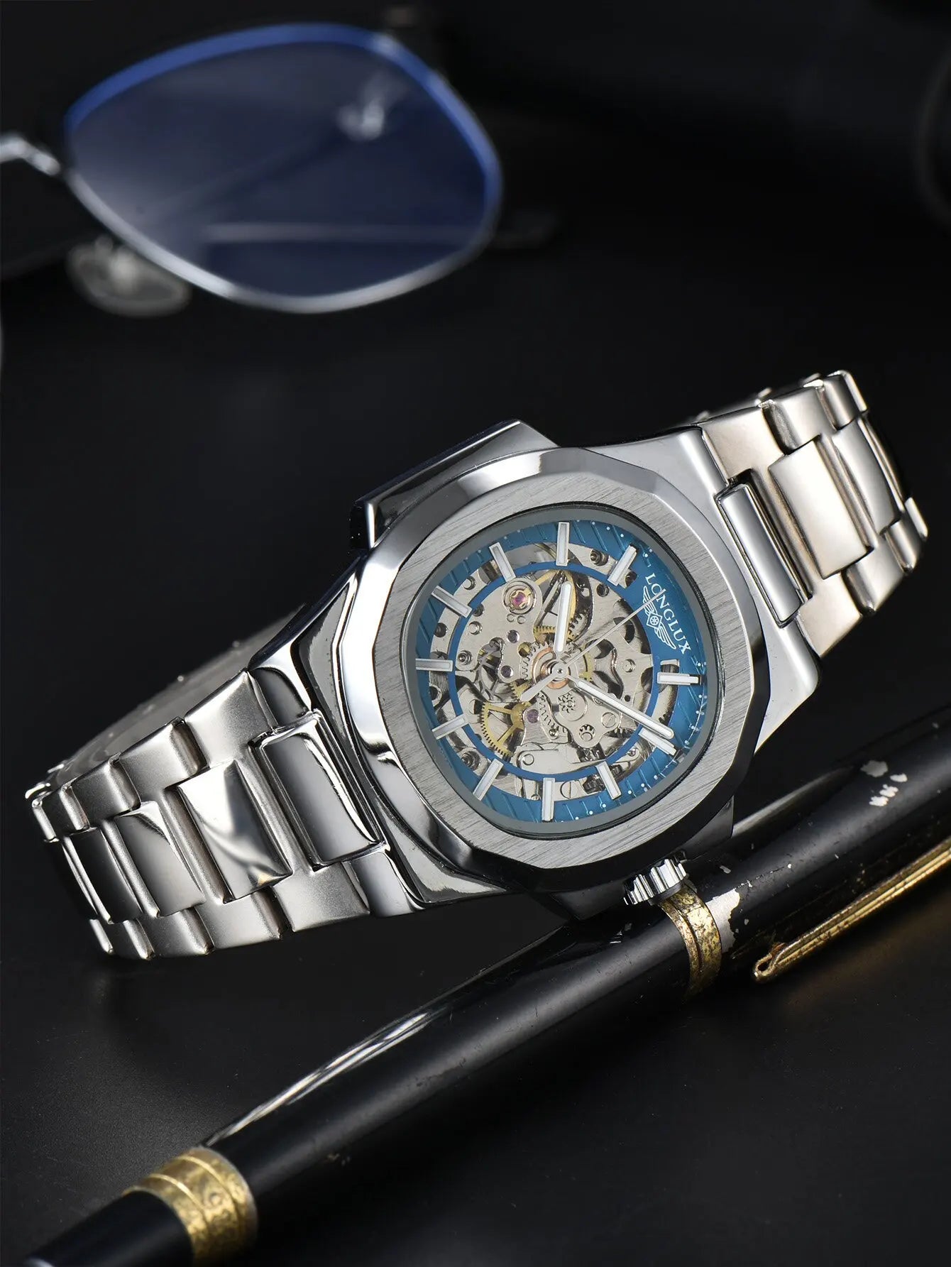 Black LONGLUX Men automatic mechanical watch luxury watches waterproof skeleton business cheap wholesale stainless steel gift watch