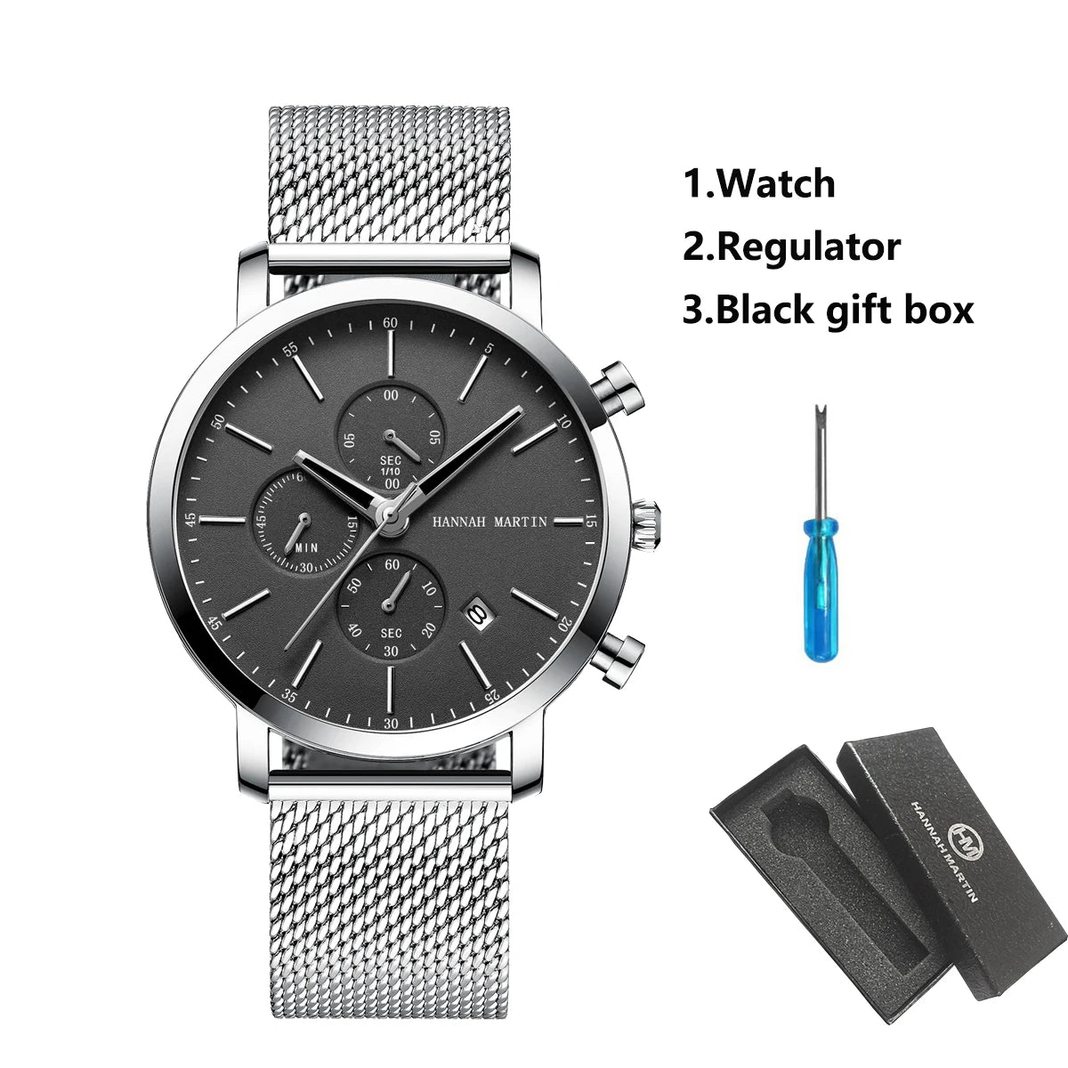 White Smoke HANNAH MARTIN Brand Top Men Watch Black Stainless Steel Fashion Waterproof Sports Multifunctional Quartz Watch Relogio Masculino