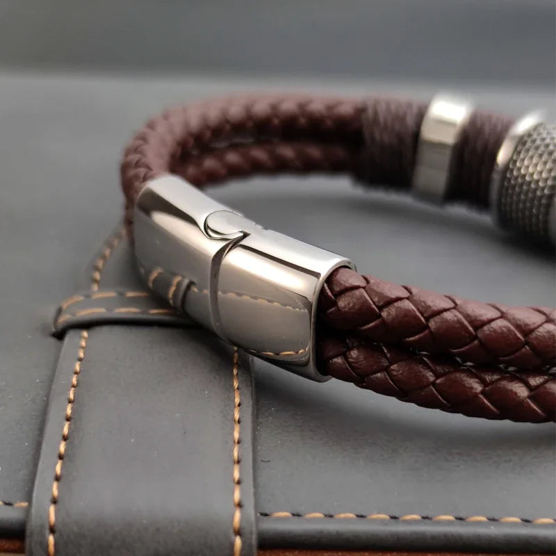 Light Slate Gray Luxury Vintage Multilayer Brown Leather Stainless Steel  Men Bracelet Bead Bracelet Jewelry Male Wrist Bangle Christmas Gifts