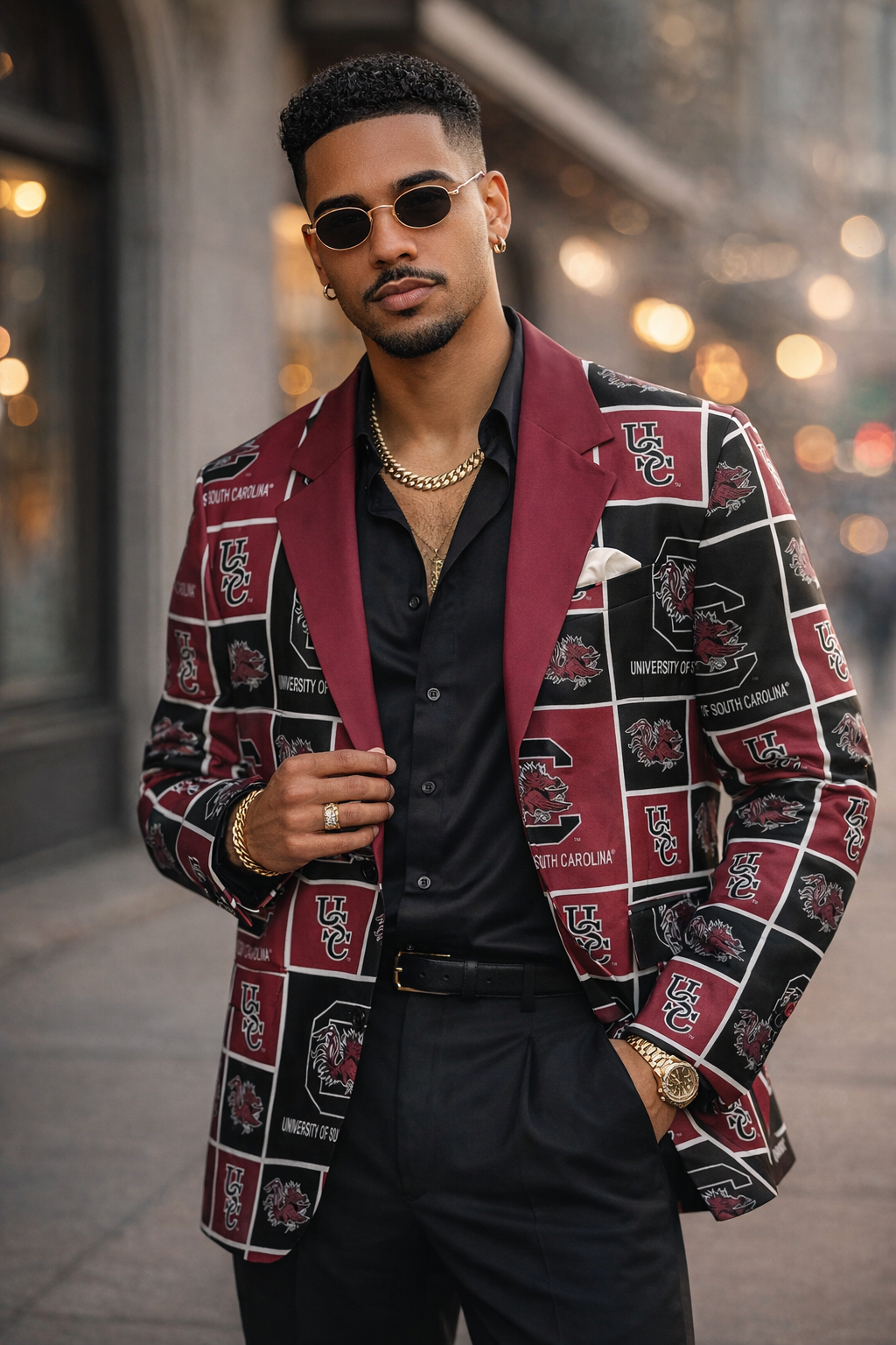 Man wearing a patterned jacket with a blurred background