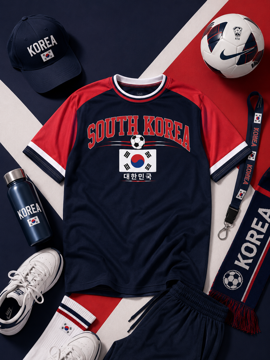 South Korea-themed sports gear including a t-shirt, cap, water bottle, and scarf on a flag background.