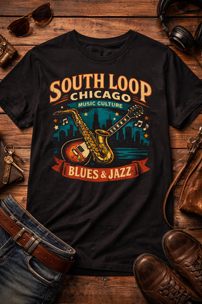 Black South Loop Chicago Blues and Jazz T-Shirt – Vintage Music Culture Streetwear Tee