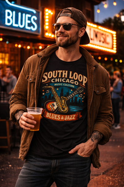 Black South Loop Chicago Blues and Jazz T-Shirt – Vintage Music Culture Streetwear Tee