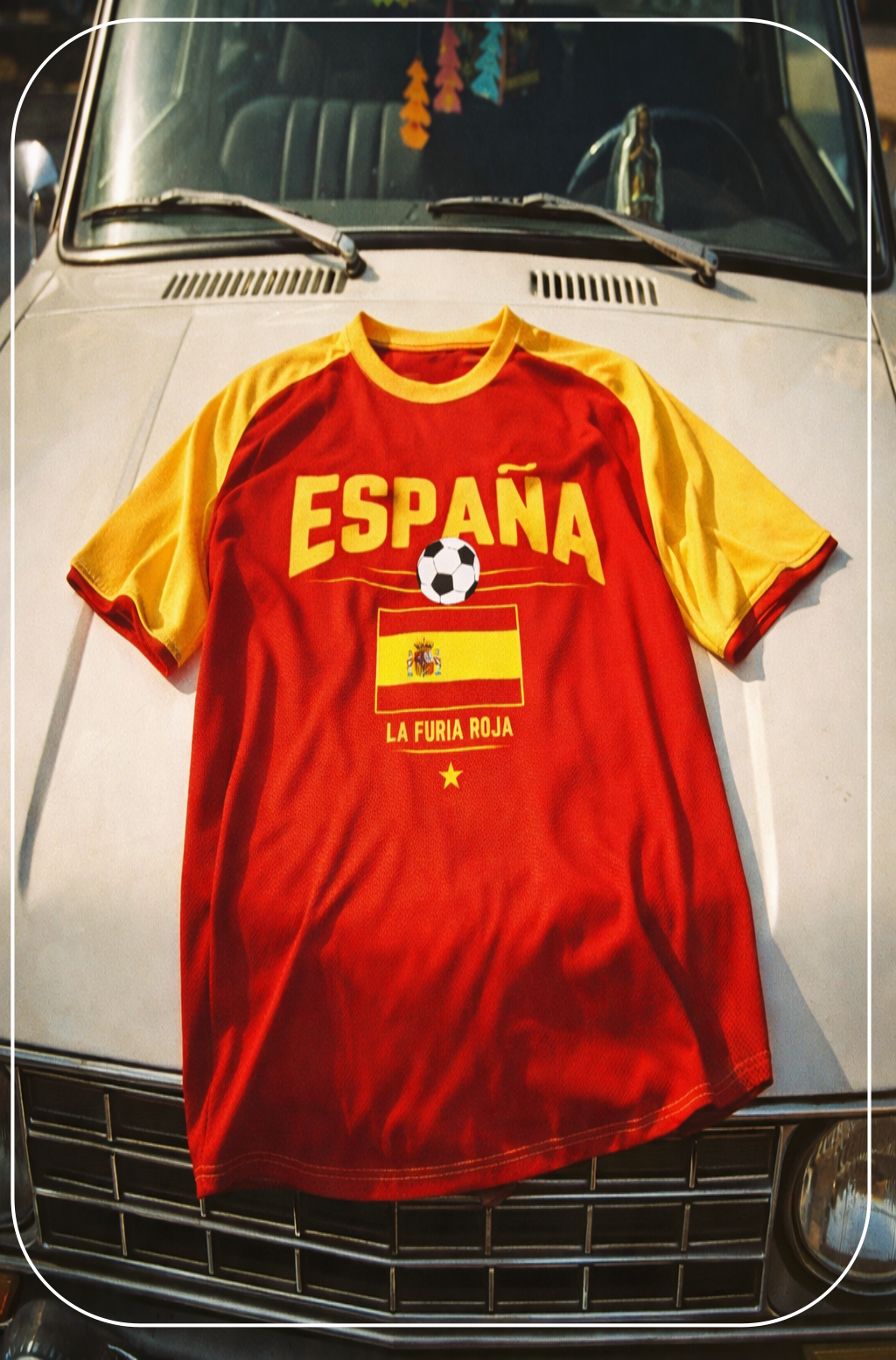 Red and yellow 'España' soccer jersey with a Spanish flag on a car grille.