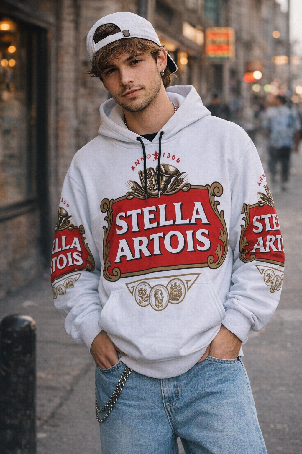 Person wearing a Stella Artois hoodie on a city street