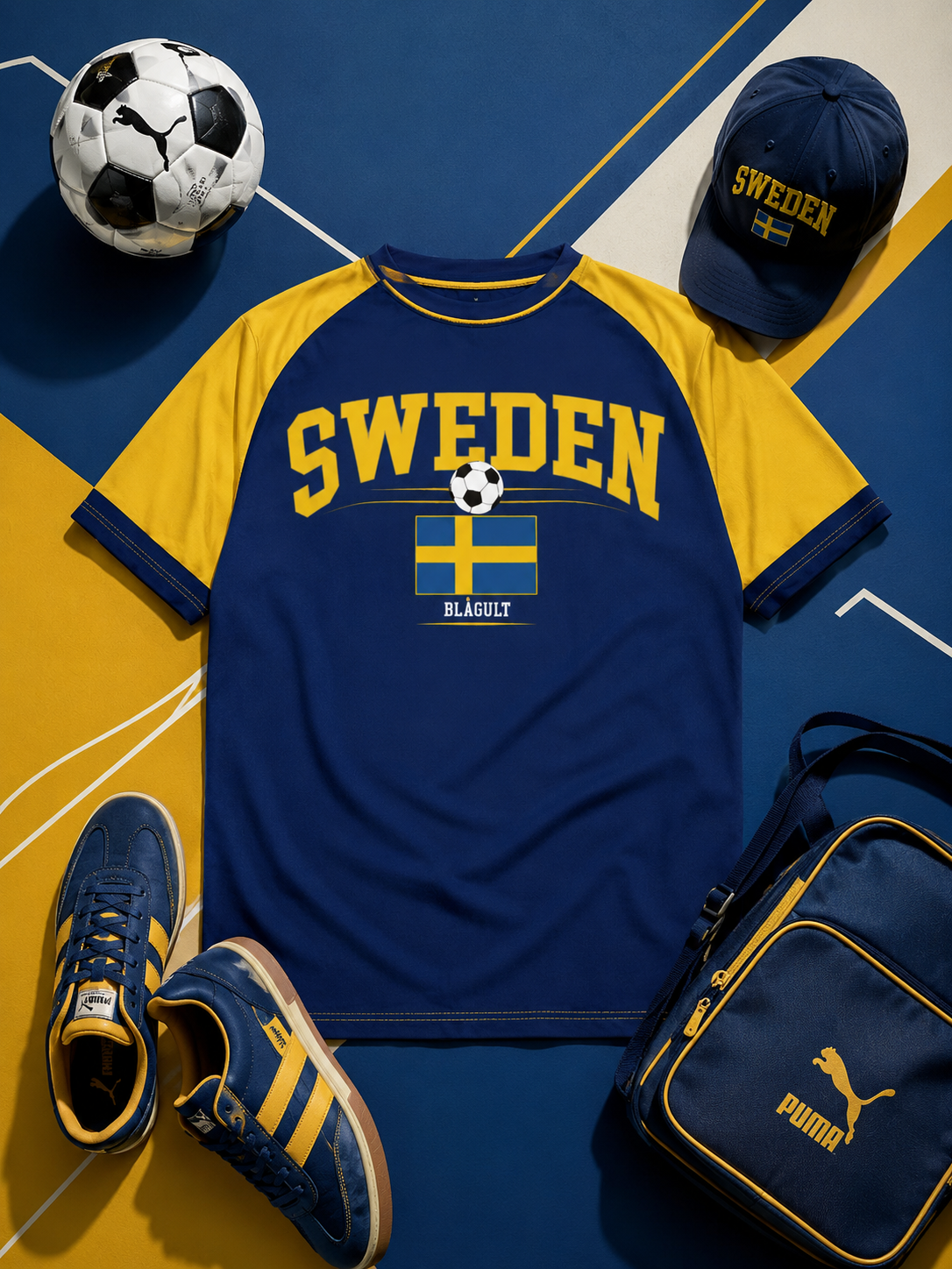 Blue and yellow Sweden-themed sports outfit with a soccer ball, cap, and bag on a blue and yellow sports field.
