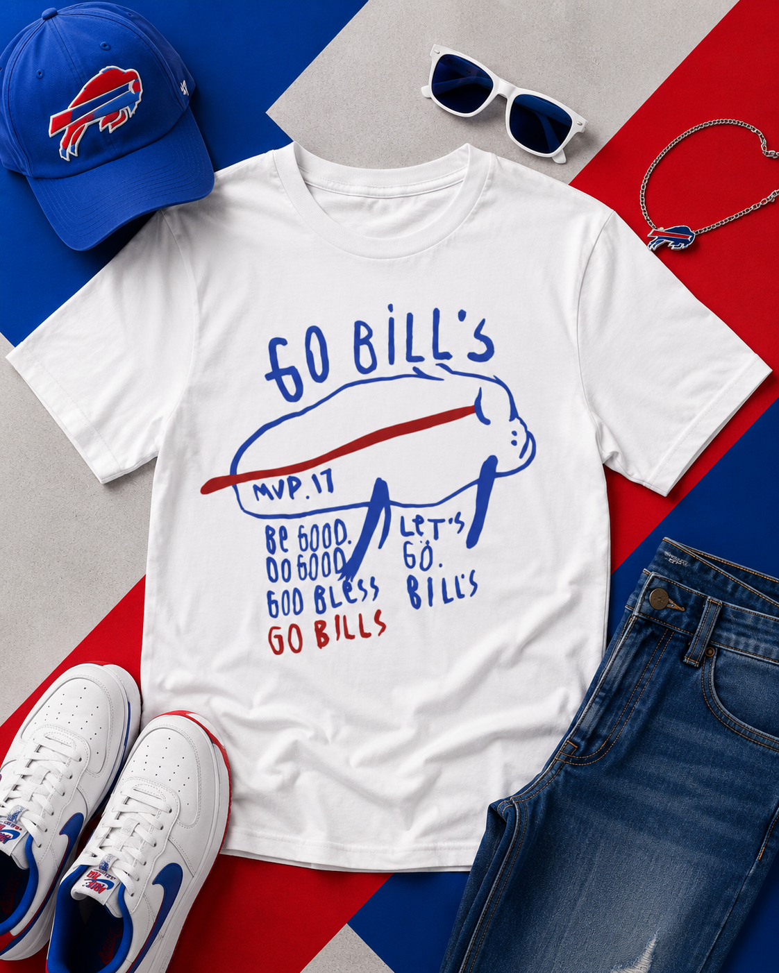 White t-shirt with 'GO BILLS' text, blue cap, sunglasses, and jeans on a red, white, and blue background.
