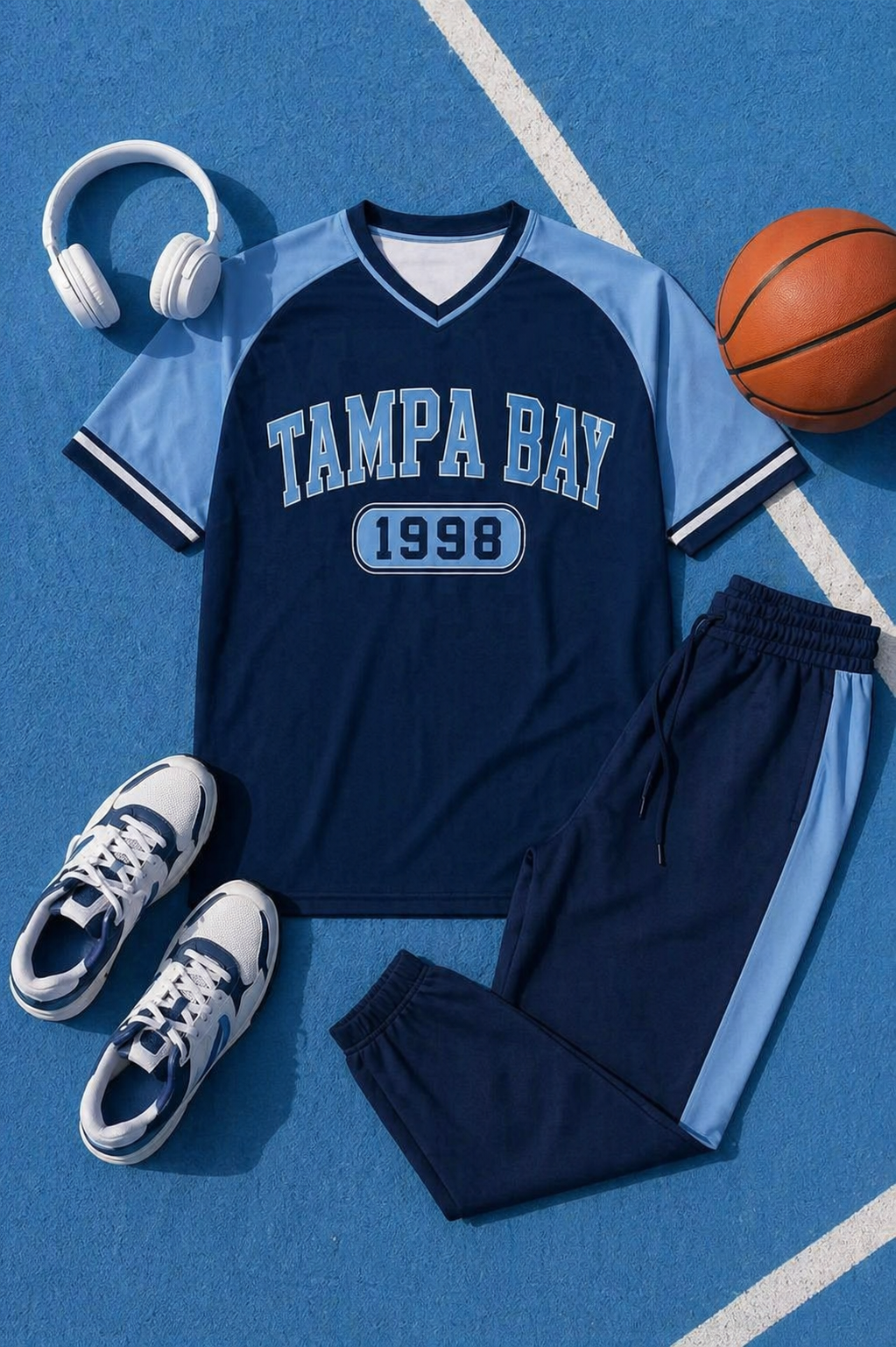 Navy and light blue sports outfit with 'Tampa Bay 1998' text on a blue basketball court.