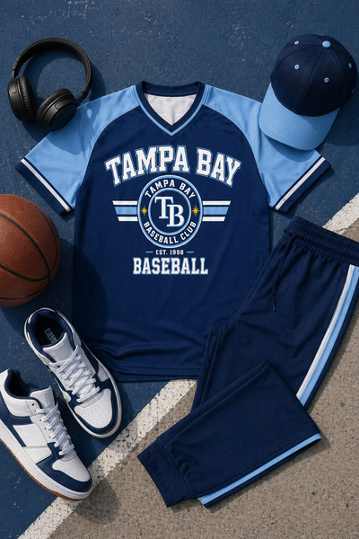 Navy and light blue sports outfit with 'Tampa Bay' branding on a sports-themed surface.