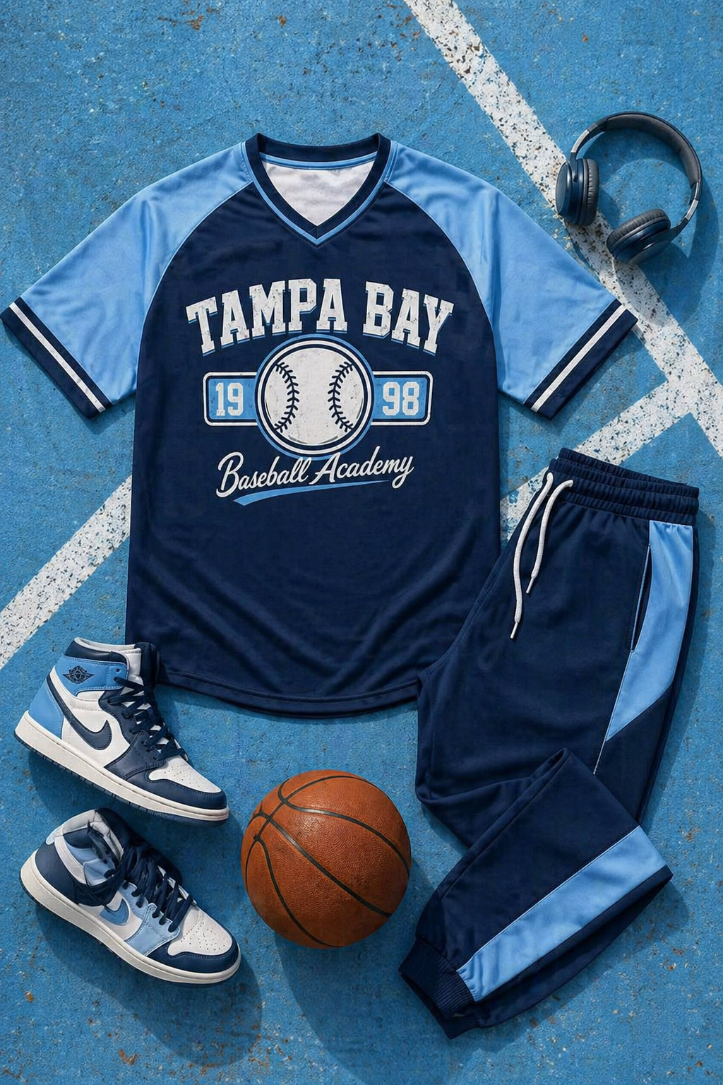 Navy and light blue sports outfit with 'Tampa Bay Baseball Academy' shirt, pants, sneakers, and a basketball on a blue court.