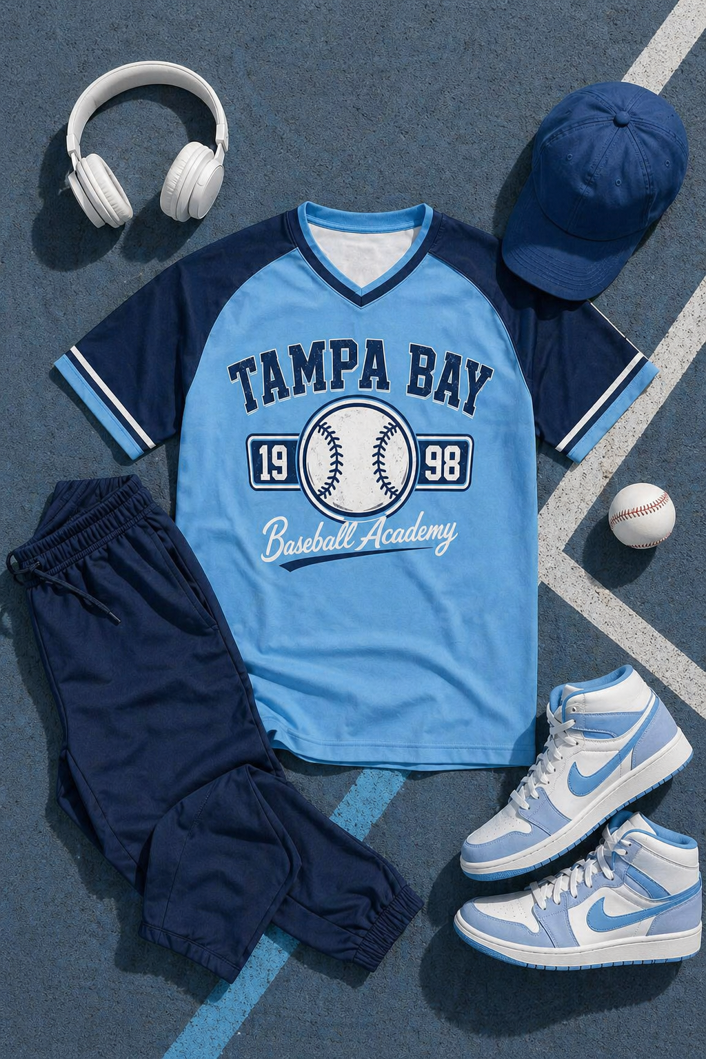 Baseball-themed outfit with blue and navy shirt, shorts, shoes, and cap on a gray surface.
