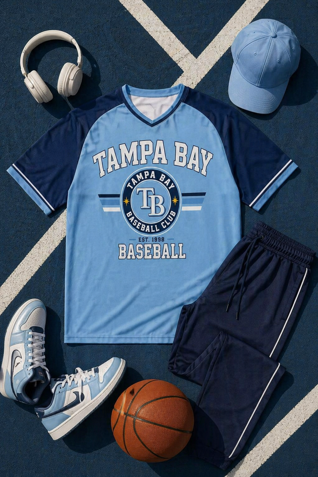 Tampa Bay baseball-themed shirt with shorts, sneakers, cap, and basketball on a court.