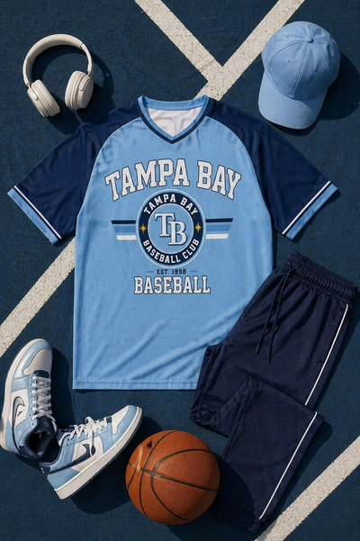 Tampa Bay baseball-themed shirt with shorts, sneakers, cap, and basketball on a court.