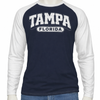 Navy and white long-sleeve shirt with 'Tampa Florida' text on a mannequin.