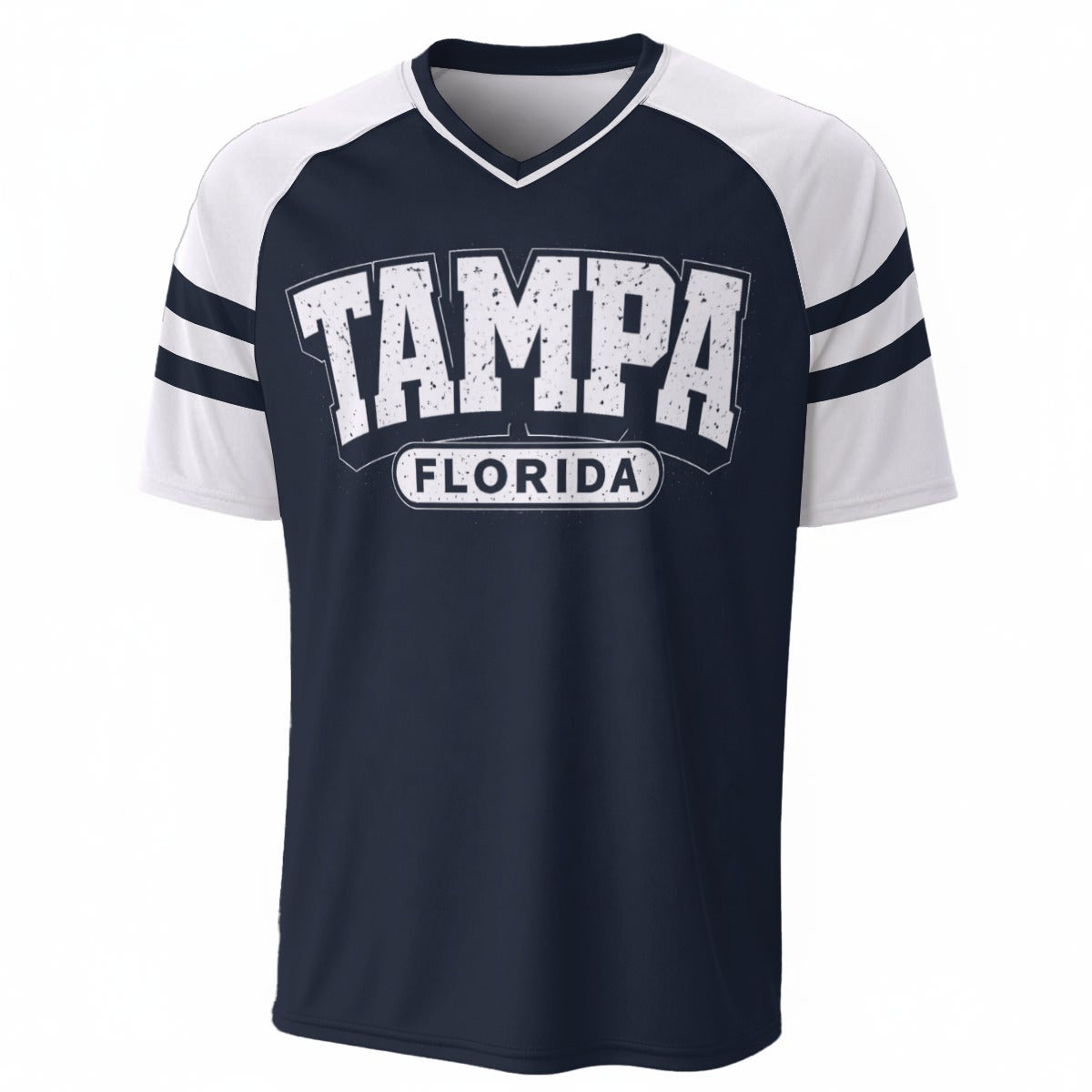 Navy and white sports jersey with 'Tampa Florida' text on a white background