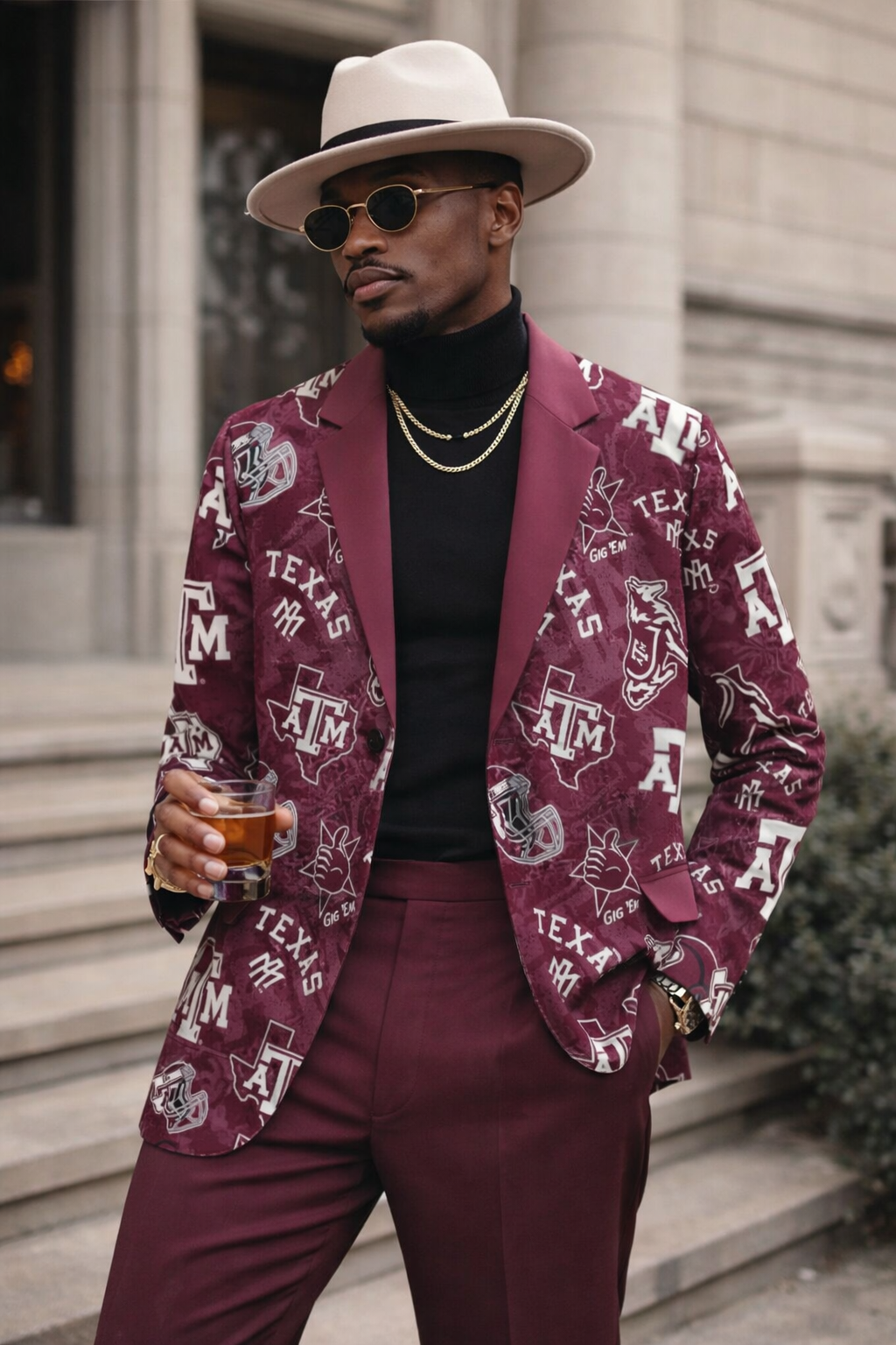 Man wearing a maroon suit with Texas A&M patterns, holding a drink.