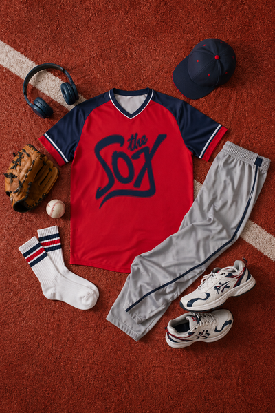 Baseball-themed outfit with red jersey, gray pants, white sneakers, and baseball equipment on a red surface.