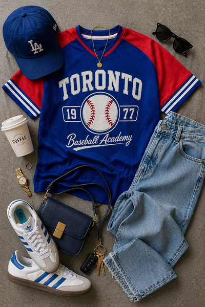 Blue and red 'Toronto Baseball Academy' t-shirt with accessories on a gray surface