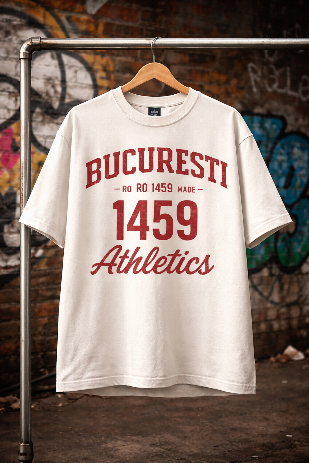 White t-shirt with red text 'BUCURESTI 1459 Athletics' on a hanger against a graffiti-covered wall.