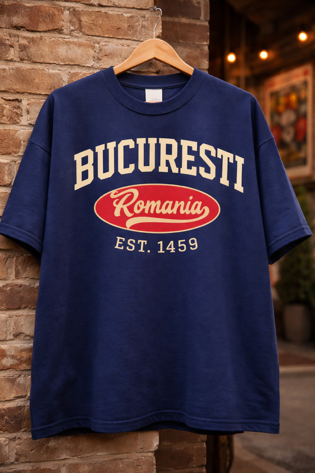 Navy blue t-shirt with 'Bucuresti Romania EST. 1459' text on a wooden hanger against a brick wall.