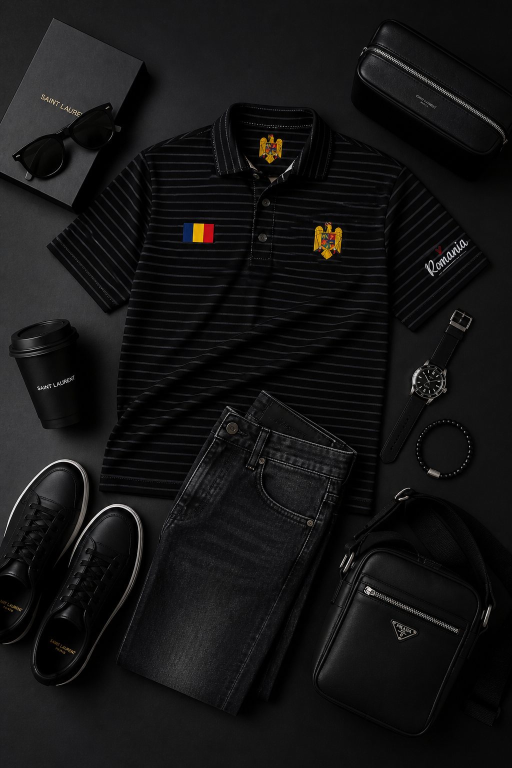 Black striped polo shirt with embroidered flags, sunglasses, coffee cup, jeans, and Prada bag on a dark surface.
