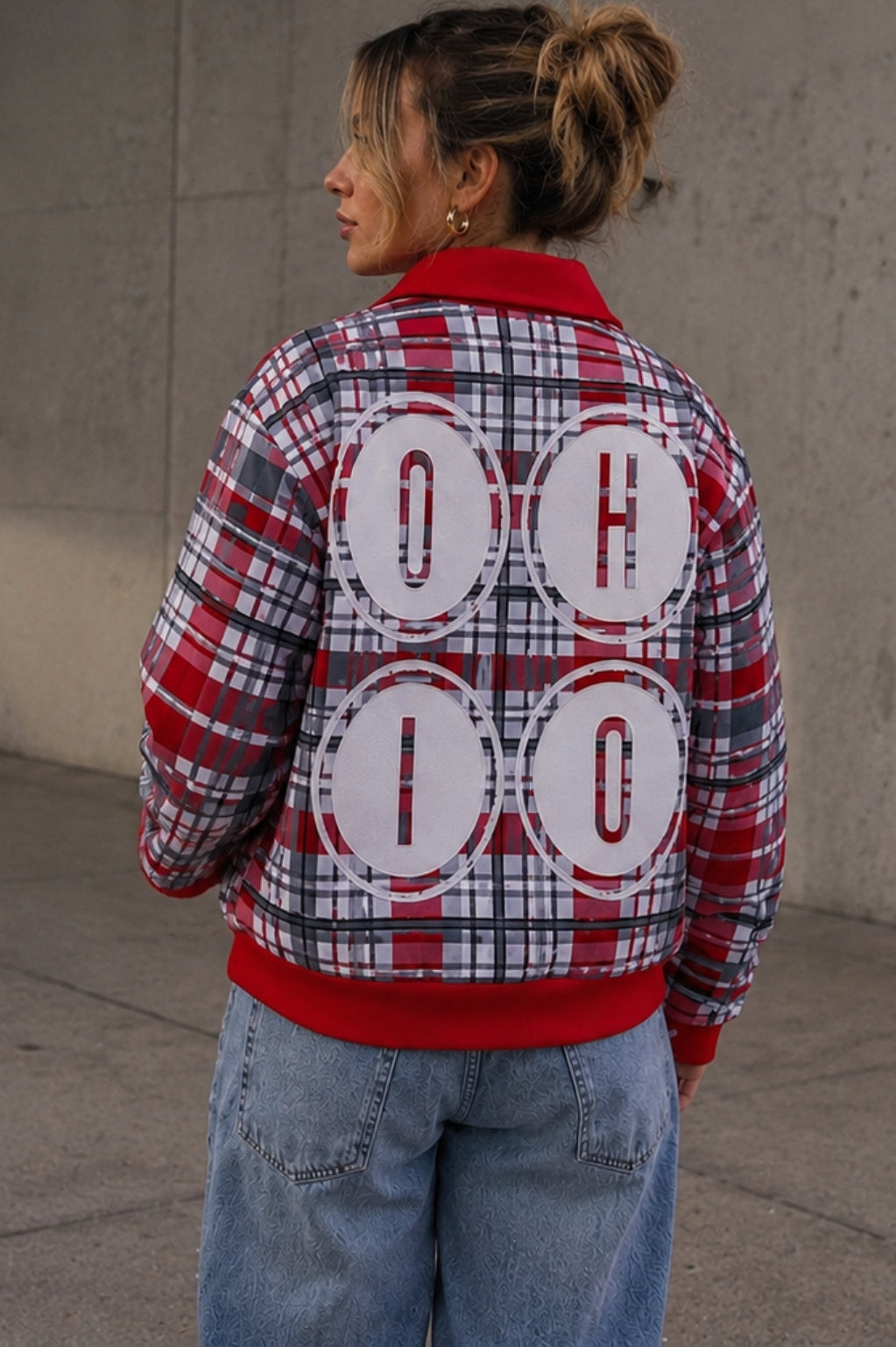 Ohio Plaid Jacket – Trendy Red Black Streetwear Game Day Fashion for Women streetwear fashion product image 2